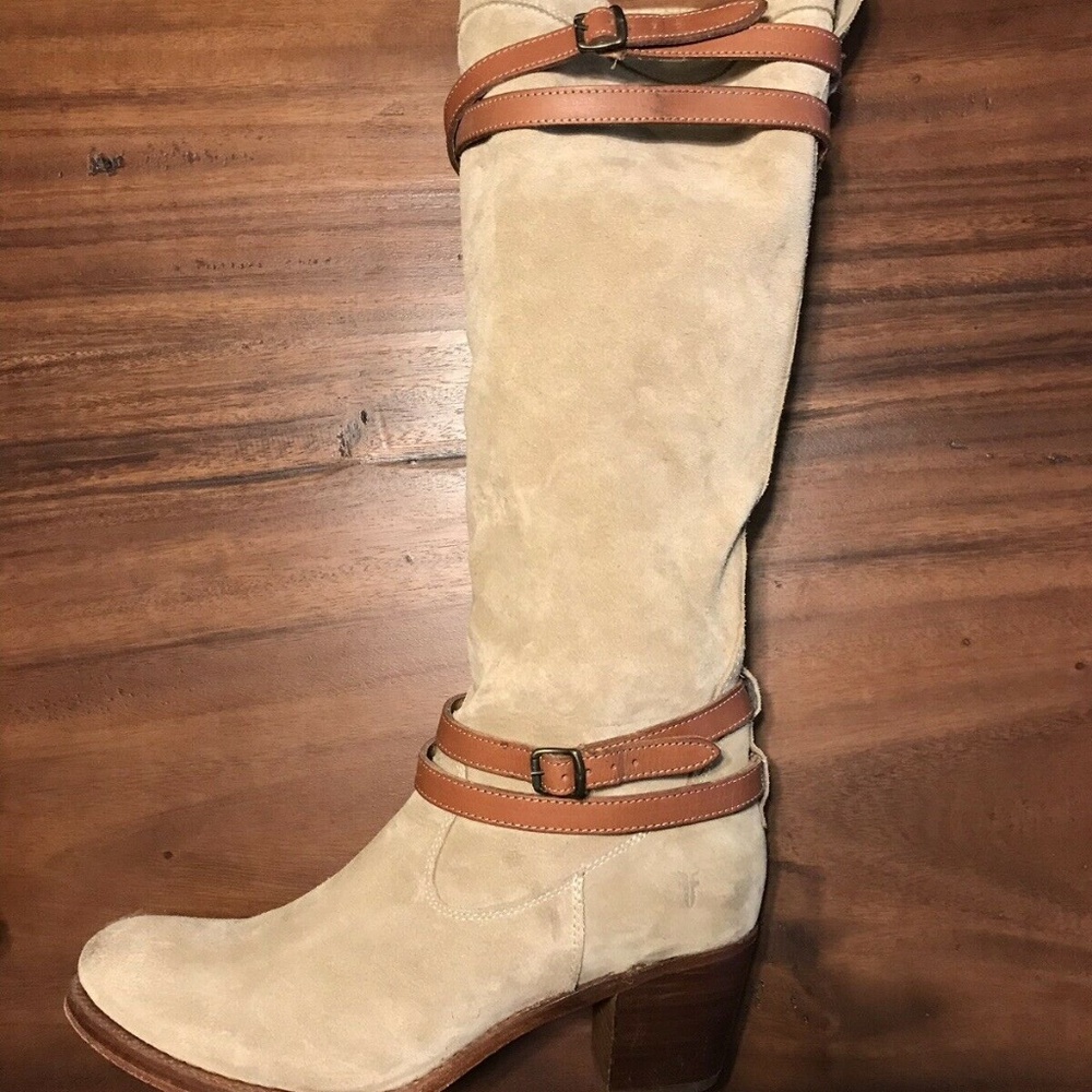 Rare Frye anthro Suede Boots Strappy Gray - Picture 2 of 8